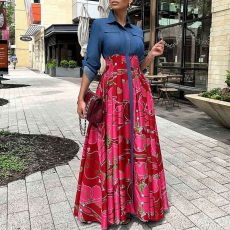 Denim Patchwork Print Big Swing Maxi Dress GCZF-8551