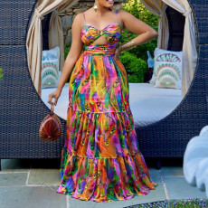 Plus Size Sexy Print Sling Big Swing Maxi Dress GCZF-8465