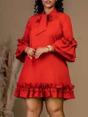 Solid Color Stacked Sleeve Lace-Up Ruffle Dress GCZF-8570