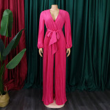 Plus Size V Neck Tie Up Pleated Solid Jumpsuit GCZF-C8468