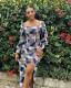 Casual Print Long Sleeve Split Midi Dress QODY-6008