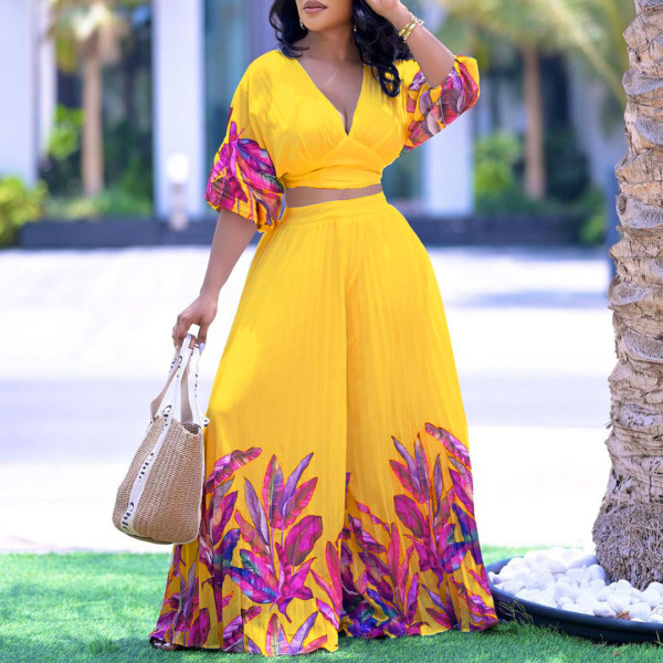 Fashion Print V Neck Top And Pants 2 Piece Set GCZF-8522