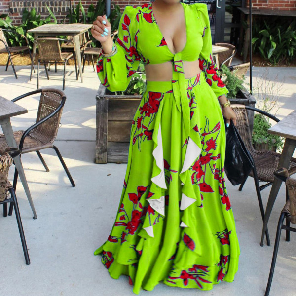Long Sleeve Print Tops And Half Skirt Loose 2 Piece Set GCZF-8467