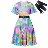 Short Sleeve Print Belt Midi Dress GCZF-8573