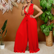V Neck Sleeveless Tie Up Loose Jumpsuit GCZF-8533
