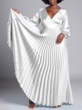 V Neck Long Sleeve Press Pleated Maxi Dress GCZF-8567