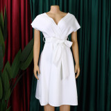 Short Sleeve V Neck Belt Midi Dress GCZF-3027
