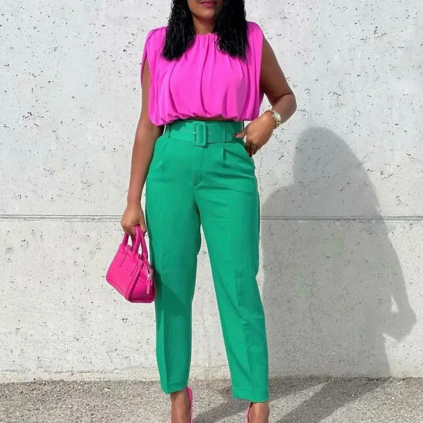 High Waist Belt Casual Small Leg Suit Pants GCZF-P01A-C1