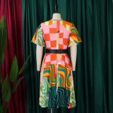 Short Sleeve Print Belt Midi Dress GCZF-8573