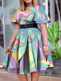 Short Sleeve Print Belt Midi Dress GCZF-8573