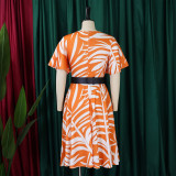 Short Sleeve Print Belt Midi Dress GCZF-8573