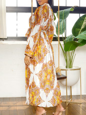 Printed Long Sleeve Belt Pressed Pleat Maxi Dress GCZF-8555