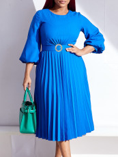 Solid Color Pressed pleated Belt Loose Midi Dress GCZF-8553