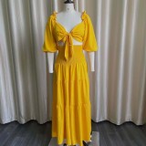 Solid Color Pleated Tie Up Two Piece Skirt Set GCZF-D220
