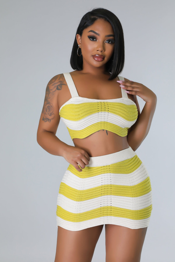 Stripe Contrast Color Knits Two Piece Skirts Set GDYF-6689