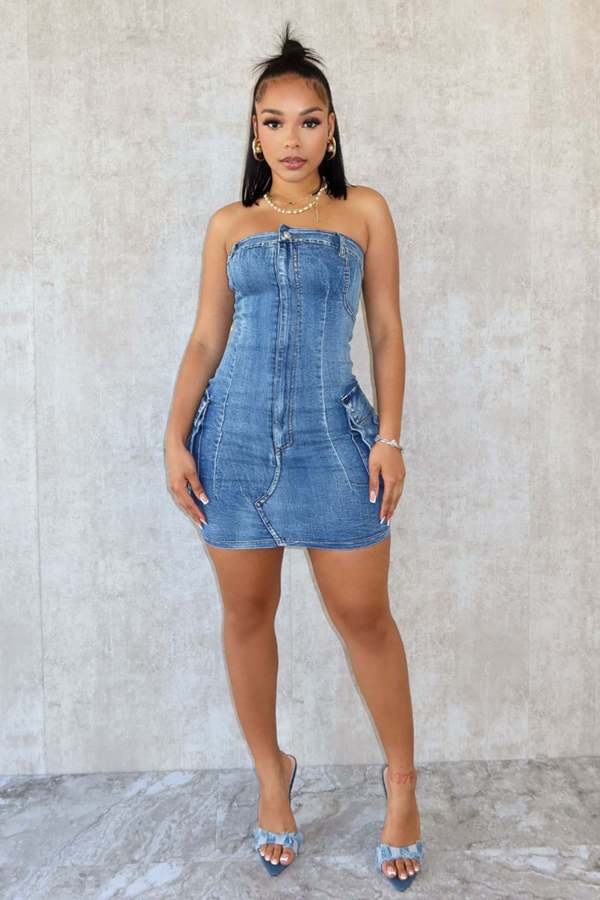Sexy Denim Tube Tops Zipper Mini Dress CM-8718