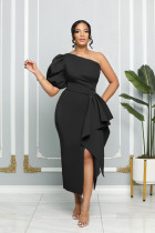 Solid Color Single Shoulder Bubble Sleeve Midi Dress GYLY-9903