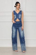 Sexy V Neck Vest And Straight Pants Denim Suit YMEF-51087