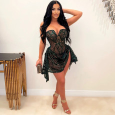 V-neck See-through Sequin Irregular Mini Dress CYA-901128