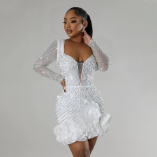 Rhinestone Beads Long Sleeve Mini Dress CYA-901042