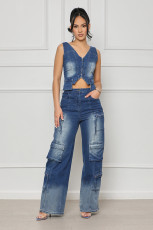 Sexy V Neck Vest And Straight Pants Denim Suit YMEF-51087