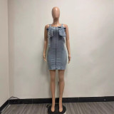 Shoulder Strap Snap Adjuster Denim Patchwork Midi Dress YMEF-51090