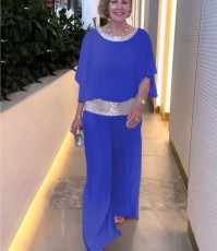 Solid Sequins Color Block Batshirt Wide Leg Pants Set GYSM-W0737
