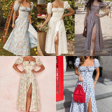 Casual Bubble Sleeve Sling Split Print Dress GYSM-W0274
