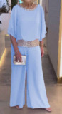 Solid Sequins Color Block Batshirt Wide Leg Pants Set GYSM-W0737