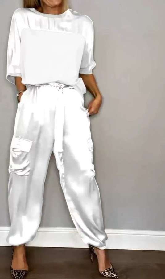 Plus Size Smooth Satin Half Sleeve Top Pants Two Piece Suit GYSM-W0733