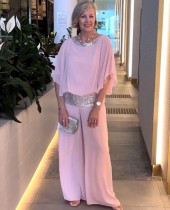 Solid Sequins Color Block Batshirt Wide Leg Pants Set GYSM-W0737