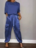 Plus Size Smooth Satin Half Sleeve Top Pants Two Piece Suit GYSM-W0733