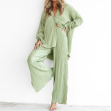 Solid Color Long Sleeve Split Shirt Pants Two Piece Set GYSM-W0513