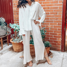 Solid Color Long Sleeve Split Shirt Pants Two Piece Set GYSM-W0513