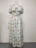 Casual Bubble Sleeve Sling Split Print Dress GYSM-W0274