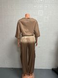 Plus Size Smooth Satin Half Sleeve Top Pants Two Piece Suit GYSM-W0733