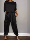 Plus Size Smooth Satin Half Sleeve Top Pants Two Piece Suit GYSM-W0733