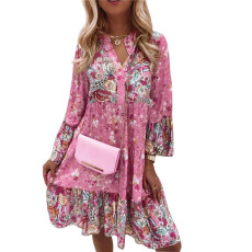Plus Size V-neck Floral Patchwork Print Mini Dress GYSM-W0531