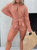 Casual Long Sleeve Solid Color Two Piece Shorts Set GYSM-W0741