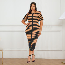 Plus Size Knits Stripe Print Short Sleeve Midi Dress GDAM-218362