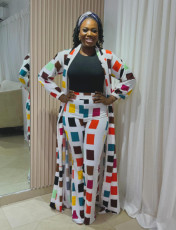 Casual Print Long Split Coat Two Piece Pants Set NY-10771