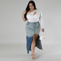 Plus Size Denim Woven Gradient Split Half Body Skirt GDAM-8011