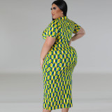 Plus Size Plaid Print Lapel Midi Dress GDAM-218389