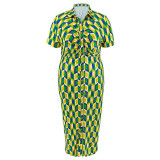 Plus Size Plaid Print Lapel Midi Dress GDAM-218389