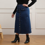 Plus Size Button Fake Pocket Denim Skirt GDAM-048