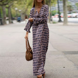 Plus Size Long Sleeve Print Split Maxi Dress GDAM-013