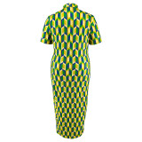 Plus Size Plaid Print Lapel Midi Dress GDAM-218389