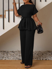 Solid Color Strappy Top Wide Leg Pants Casual Set MIL-T110