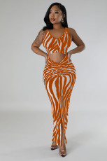 Zebra Print Backless Two Wear Long Dress SFY-2768