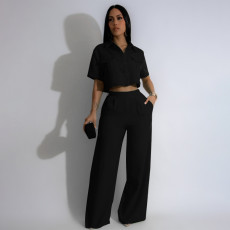 Solid Lapel Short Sleeve Wide Leg Pants Casual Set SFY-441